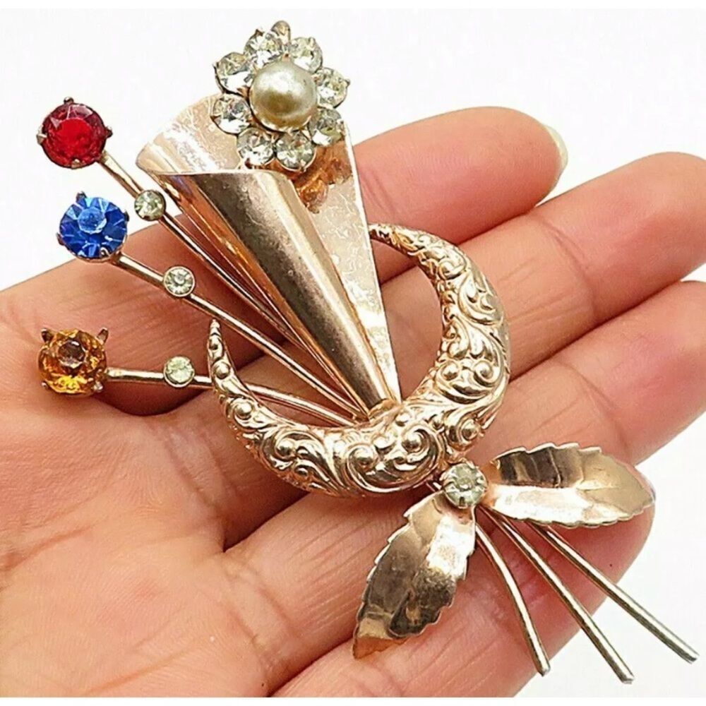 Vintage Multi Gemstone Flower and‎ Moon Sterling Silver and 18kt plated pin